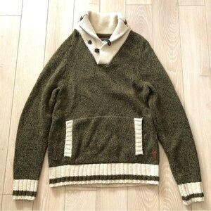 Roots Cabin Wool Blend Shawl Neck Elbow Patch Marled Sweater in Green Size S